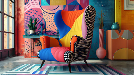 The interior concept of Memphis design colorful Armchair, generative Ai 