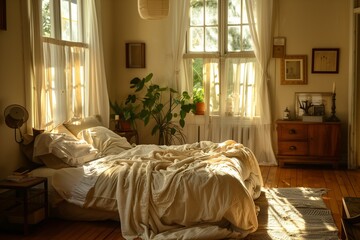 A sunlit bedroom featuring a comfortable bed, crisp linens, and elegant decor.
