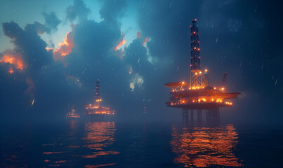 Obraz premium Oil Drilling Derricks at Sea Oilfield