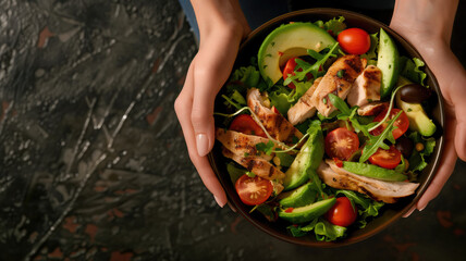 Woman's hands holding a bowl with salad with tomatoes, chicken, avocado, green leaves, top view of only hands with space for text or inscriptions, healthy eating theme.isolated.generative ai