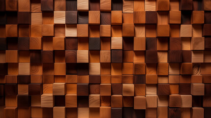 A highly detailed closeup of a hardwood wall featuring small rectangular wooden squares. Tints and shades of brown create a unique art patterns