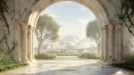A breathtaking marble archway framing a picturesque view of nature's beauty.