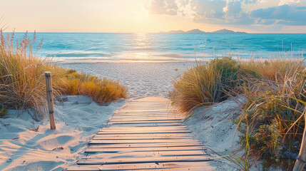 Wooden path on a sandy beach against the background of the sea at sunrise