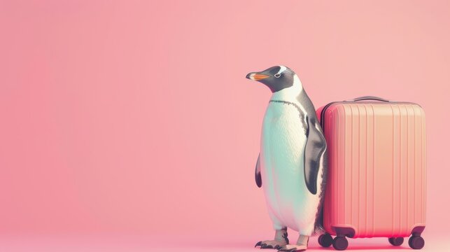 A quirky image showing a penguin ready for a summer vacation, standing confidently with a pink suitcase against a pink backdrop