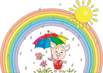 Little piglet with a small butterfly hiding under a striped umbrella from summer rain and looking at a colorful beautiful rainbow in the sunny sky, vector cartoon illustration on a white background