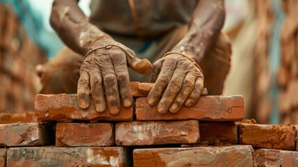 A focused bricklayer carefully placing bricks on a construction site, showcasing manual skill. AI Generative.