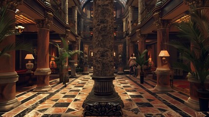 A majestic marble column standing tall amidst an opulent architectural setting. - obrazy, fototapety, plakaty