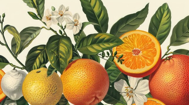A vintage botanical illustration style image of different citrus fruits with their scientific names