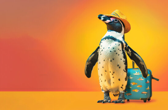 An amusing summer concept image featuring a penguin in a straw hat and sunglasses taking a tropical suitcase, evoking travel vibes