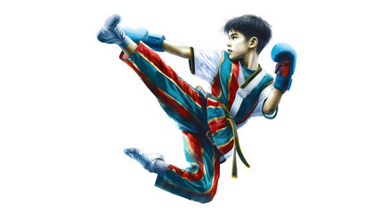 A young boy in kick-boxing attire executing a high kick - a watercolor illustration - obrazy, fototapety, plakaty