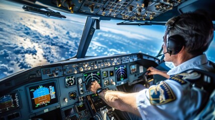 A pilots steady hands and confident gaze are captured midflight with the sprawling blue ocean extending beneath them a reminder of the vast distances they conquer in their adventurous . - obrazy, fototapety, plakaty