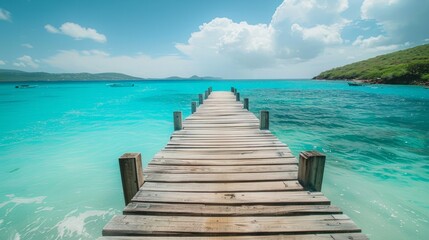 Tranquil wooden pier extending into turquoise waters. AI Generative. - obrazy, fototapety, plakaty
