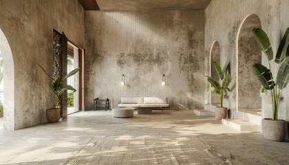 Luxurious hotel interior design, with limestone and concrete accents, created with AI - obrazy, fototapety, plakaty