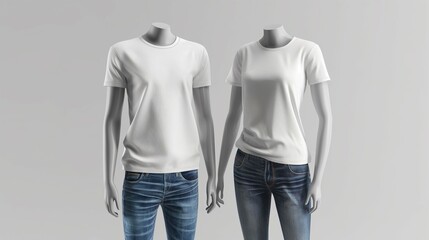 T-shirt mockup, men's mannequin and women's mannequin mockup with jeans and white t-shirts, white wall flowerpot background,3d