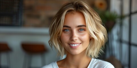Beautiful smiling young blonde caucasian woman, isolated on neutral background. Close up portrait of face. Horizontal Web Banner Style. Generative AI.
 - obrazy, fototapety, plakaty