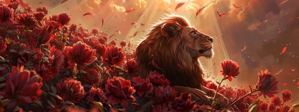 This image captures a regal lion surrounded by blooming red flowers, symbolizing the fierce beauty of wildlife during summer