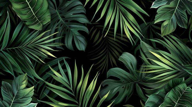 A lush depiction of tropical leaves in shades of green evoking the warmth and vitality of summer in a dense jungle setting