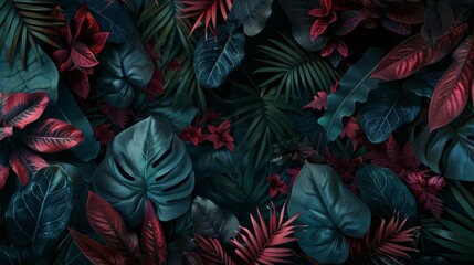 This image showcases a rich tapestry of crimson and green leaves, creating a cool yet exotic feel for the summer