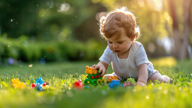a child plays with toys outdoors on the grass