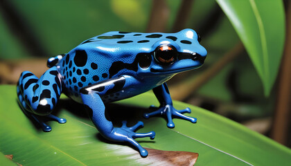 blue poison dart frog on a green leaf
