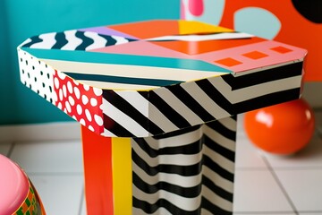 A pop-art inspired side table with bold colors and graphic patterns.