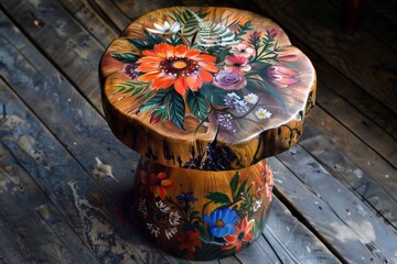 A rustic-chic side table adorned with hand-painted floral motifs.