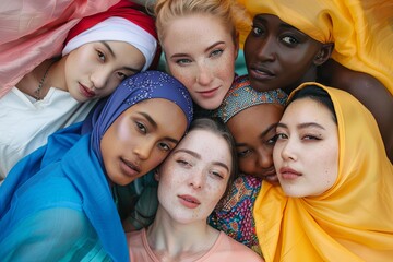 A diverse group of women with headscarves representing different backgrounds and cultures. Generative AI - obrazy, fototapety, plakaty