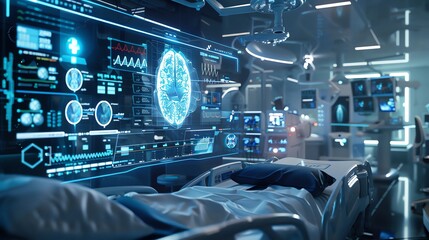 AI in medical diagnostics, analyzing patient data and generating reports, high-tech hospital room