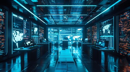 AI-enhanced cyber surveillance room, glowing screens, high-tech espionage - obrazy, fototapety, plakaty