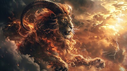 Fantasy beast with lion head, goat body, serpent tail, thunderous sky, high contrast lighting, high angle
