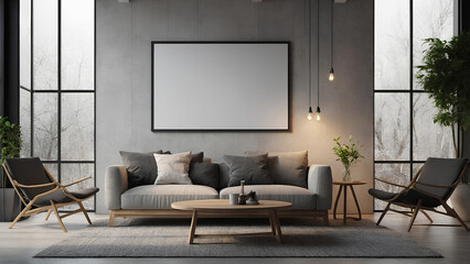 empty white mockup frame hanging in a modern living room. Interior design with a 3D render style. illustration generative ai