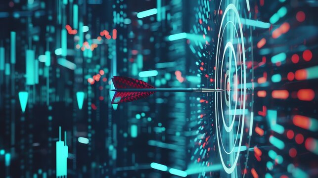 Virtual arrows hitting financial targets on a digital dartboard, concept of precision and focus in investments