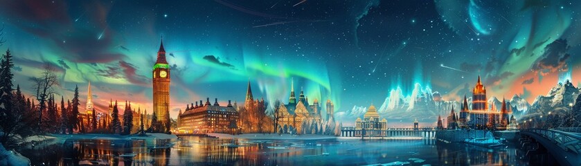 Landmarks glowing under the aurora borealis, showcasing nature s majesty over human creations - obrazy, fototapety, plakaty