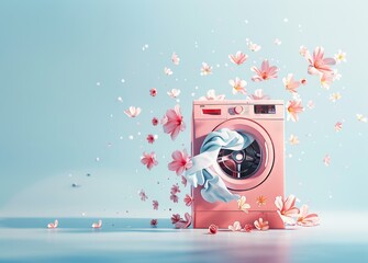 A surreal scene with a pink washing machine surrounded by animated summer sakura petals for a dreamy feel