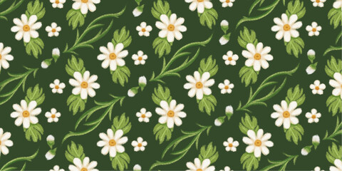 Seamless daisy pattern illustration in green background, white flowers elements, green leaves branches on dark black background, for wrappers, wallpapers, postcards, greeting cards, wedding invites