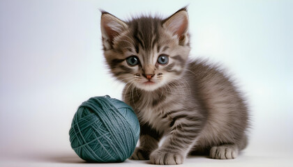 kitten playing with ball of yarn