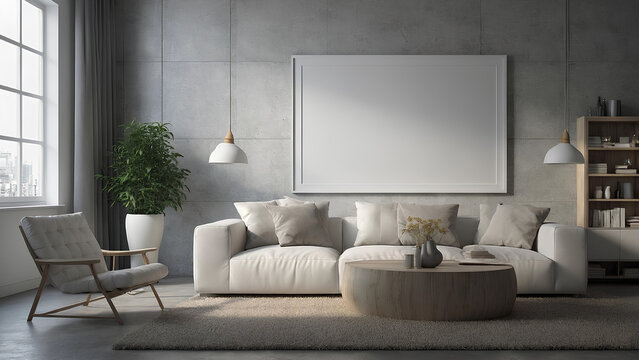 empty white mockup frame hanging in a modern living room. Interior design with a 3D render style. illustration generative ai