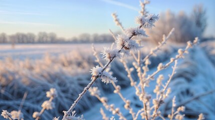 Obraz premium Frozen branch of a plant in a snowy field during winter.
