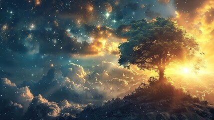 tree of life on a hilltop with a sky full of stars and clouds, sun rays shining through it in the style of fantasy, vibrant colors, cinematic