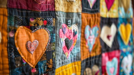 A patchwork quilt with heart windows showcasing mysterious scenes, against a white background - obrazy, fototapety, plakaty