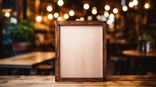 Empty menu board with wooden frame on wooden table with blurred of coffee shop background.