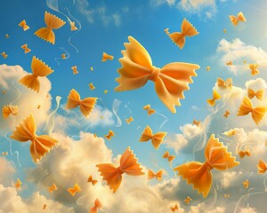 A whimsical 2D illustration of farfalle pasta bow ties fluttering in the wind like butterflies