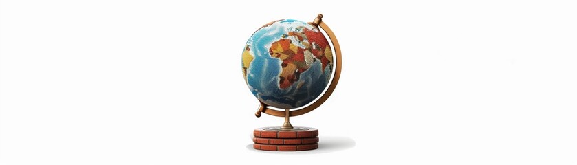 An imaginative 2D vector scene of a sequindetailed globe on a bricktextured stand, representing global business, on a white background