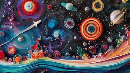 An epic space adventure comic strip where the spacecraft and galaxies are depicted with vibrant paper quilling and intricate spirograph patterns