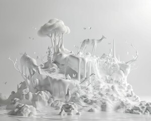 Craft a 3D scene where animal entrepreneurs navigate through a liquified environment against a backdrop of solid white