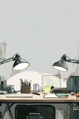 Craft a 2D image portraying office items, with desk lamps providing illumination against a minimalist white backdrop