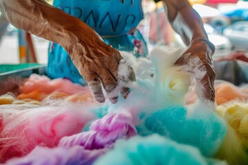 Expert Hands Making Vibrant Cotton Candy, Street Food Scene - obrazy, fototapety, plakaty