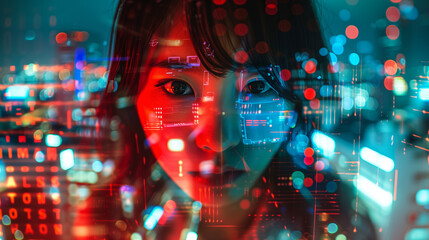 Double exposure of digital identity, a Japanese woman in a Tokyo cityscape, with futuristic and cyberpunk vibes, in the style of double exposure photography, a long shot, cinematic, with a detailed 