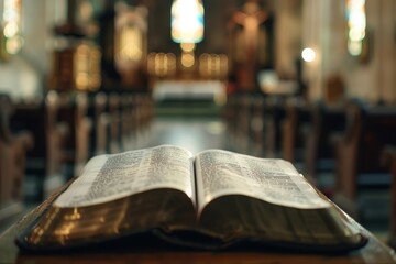 Close-Up of Bible in Church, Symbol of Religious Devotion - obrazy, fototapety, plakaty