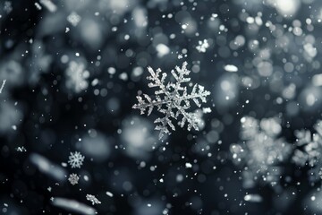 Crystal Snowflake Close-Up on Dark Background, Macro Photography
